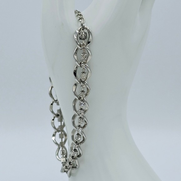 Rhinestone Bracelet Tennis Chain Link Double Strand Statement Jewelry Silvertone - Picture 5 of 9